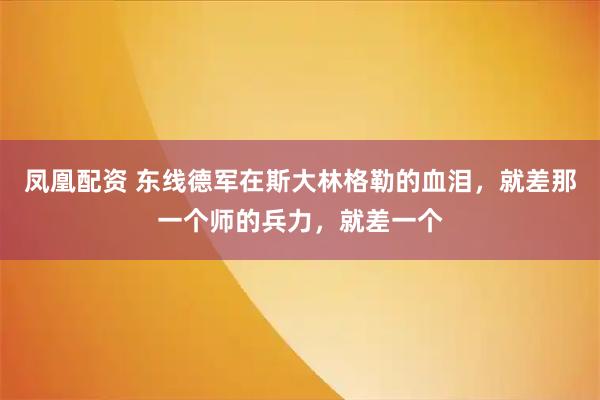凤凰配资 东线德军在斯大林格勒的血泪，就差那一个师的兵力，就差一个